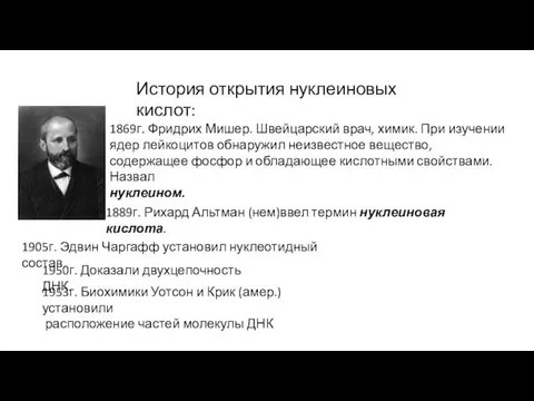 История открытия нуклеиновых кислот: 1869г. Фридрих Мишер. Швейцарский врач, химик.