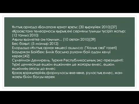 Ұлттық арнада «Балапан» қанат қақты; (30 қыркүйек 2010)[37] «Қазақстан» телеарнасы