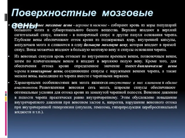 Поверхностные мозговые вены Поверхностные мозговые вены - верхние и нижние