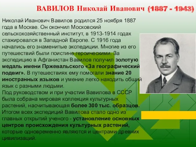 ВАВИЛОВ Николай Иванович (1887 - 1943) Николай Иванович Вавилов родился