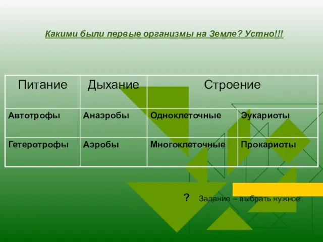 Какими были первые организмы на Земле? Устно!!! ? Задание – выбрать нужное