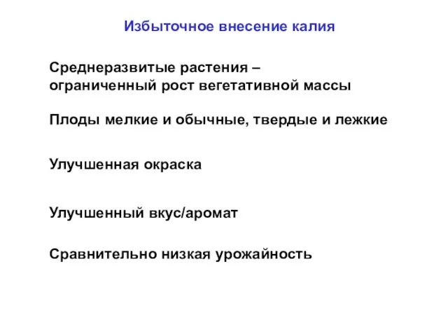 Избыточное внесение калия Среднеразвитые растения – ограниченный рост вегетативной массы