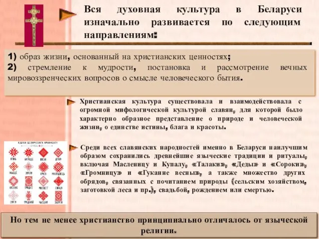 Вся духовная культура в Беларуси изначально развивается по следующим направлениям: