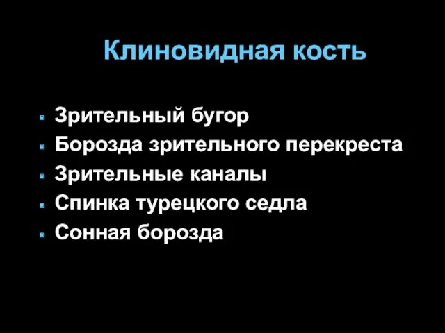 Клиновидная кость Зрительный бугор Борозда зрительного перекреста Зрительные каналы Спинка турецкого седла Сонная борозда