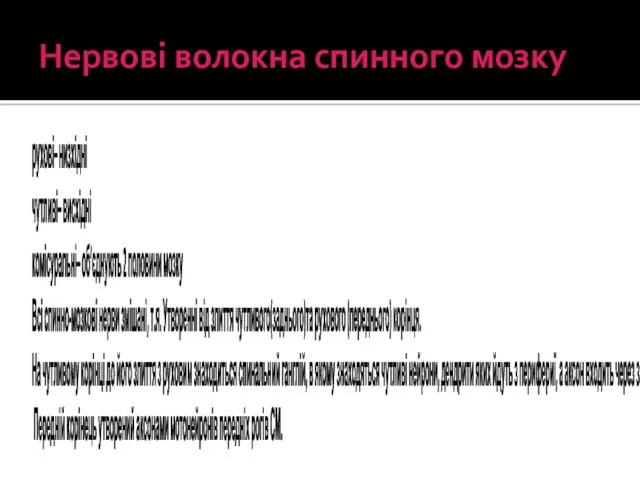 Нервові волокна спинного мозку рухові– низхідні чутливі– висхідні комісуральні– об’єднують 2 половини мозку