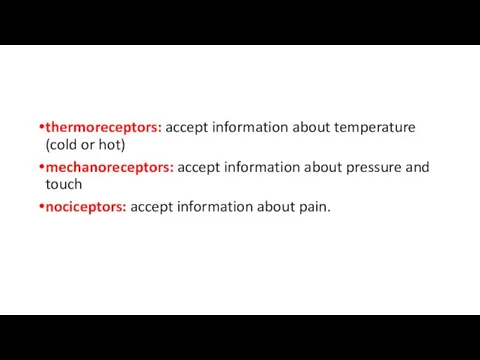 thermoreceptors: accept information about temperature (cold or hot) mechanoreceptors: accept
