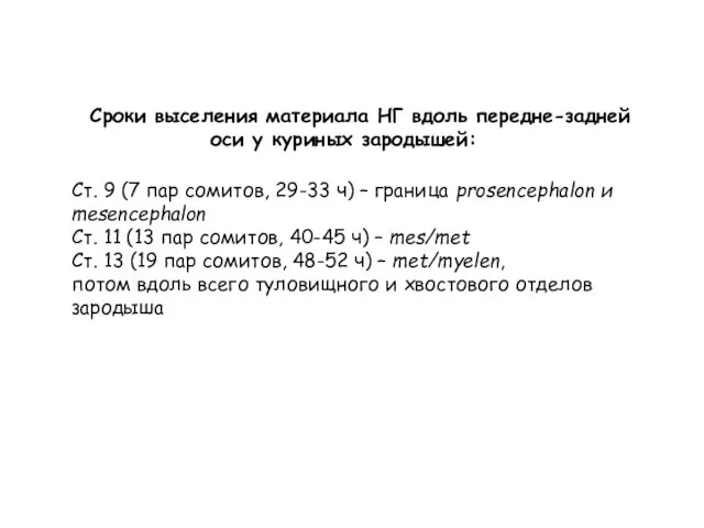Сроки выселения материала НГ вдоль передне-задней оси у куриных зародышей: