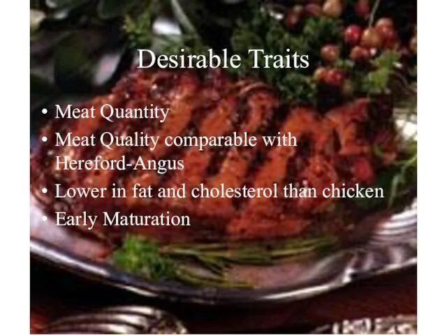 Desirable Traits Meat Quantity Meat Quality comparable with Hereford-Angus Lower