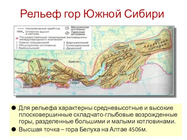 Рельеф гор Южной Сибири Для рельефа характерны средневысотные и высокие плосковершинные складчато-глыбовые возрожденные