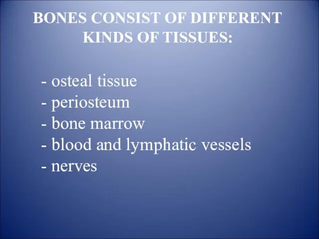 BONES CONSIST OF DIFFERENT KINDS OF TISSUES: - osteal tissue