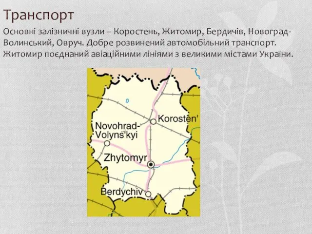 Транспорт Основні залізничні вузли – Коростень, Житомир, Бердичів, Новоград-Волинський, Овруч.