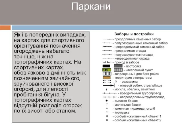 Паркани Як і в попередніх випадках, на картах для спортивного