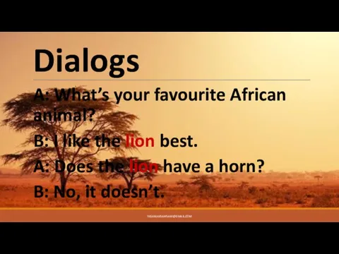 Dialogs A: What’s your favourite African animal? B: I like