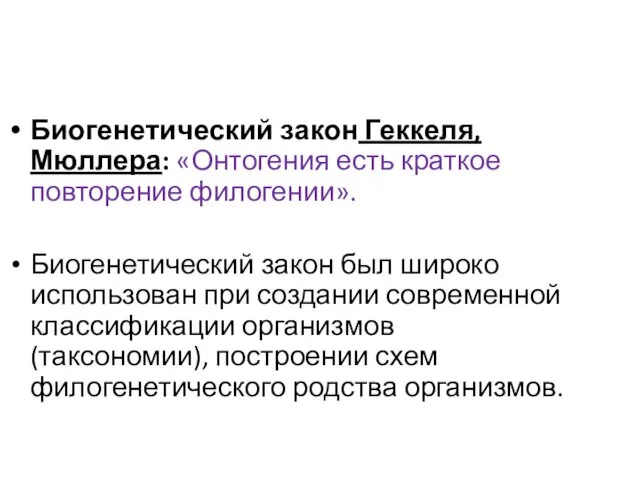 Биогенетический закон Геккеля, Мюллера: «Онтогения есть краткое повторение филогении». Биогенетический