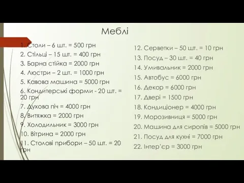 Меблі 12. Серветки – 50 шт. = 10 грн 13.