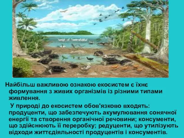 Найбільш важливою ознакою екосистем є їхнє формування з живих організмів