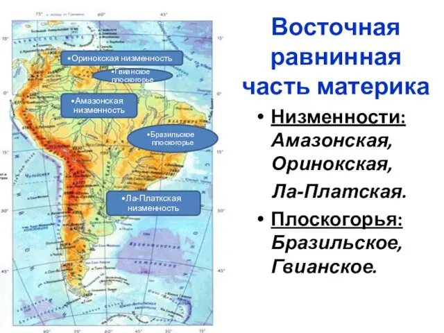 Восточная равнинная часть материка Низменности: Амазонская, Оринокская, Ла-Платская. Плоскогорья: Бразильское,