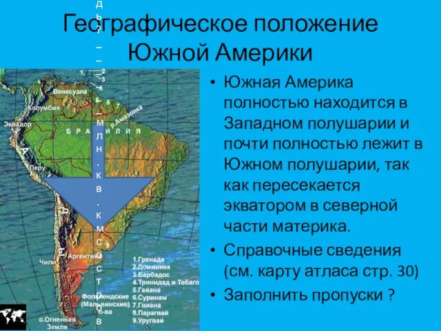 Географическое положение Южной Америки Южная Америка полностью находится в Западном