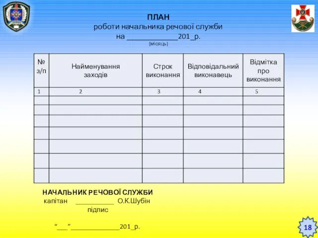 ПЛАН роботи начальника речової служби на _____________201_р. (місяць) НАЧАЛЬНИК РЕЧОВОЇ