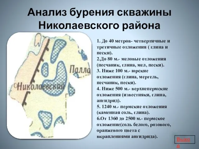 Анализ бурения скважины Николаевского района 1. До 40 метров- четвертичные