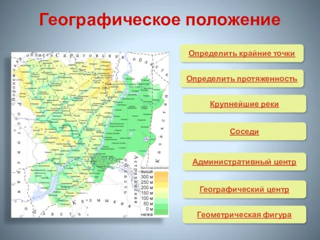 Географическое положение Определить крайние точки Определить протяженность Крупнейшие реки Соседи Административный центр Географический центр Геометрическая фигура