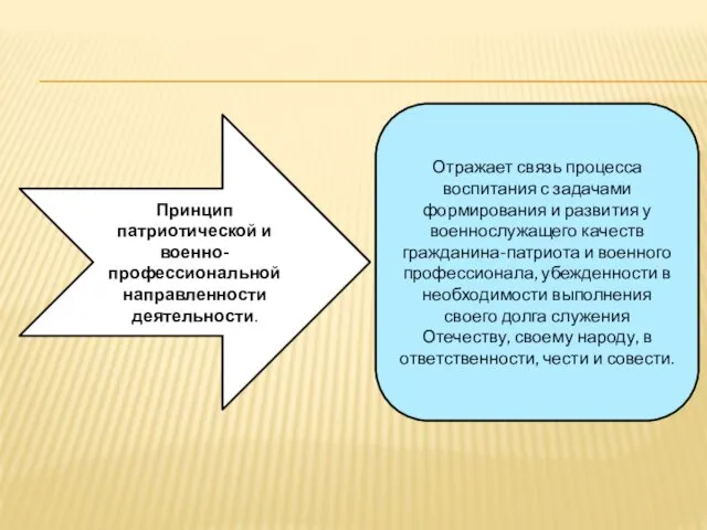 Принцип патриотической и военно-профессиональной направленности деятельности. Отражает связь процесса воспитания