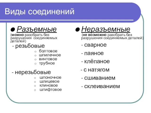 Разъемные (можно разобрать без разрушения соединяемых деталей) Неразъемные (не возможно