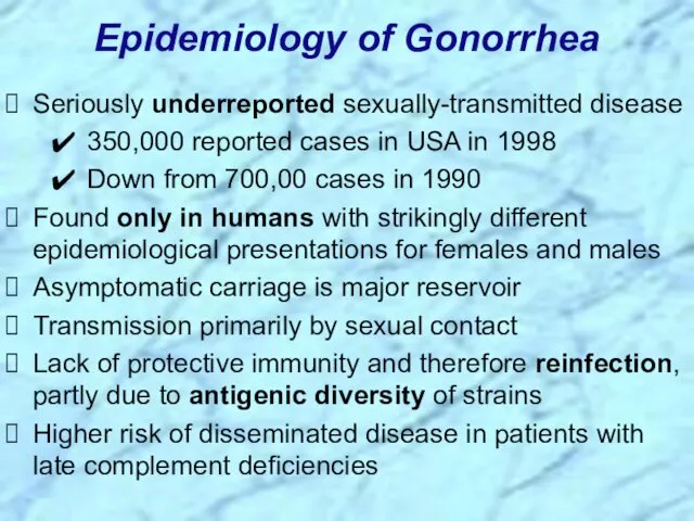 Epidemiology of Gonorrhea Seriously underreported sexually-transmitted disease 350,000 reported cases