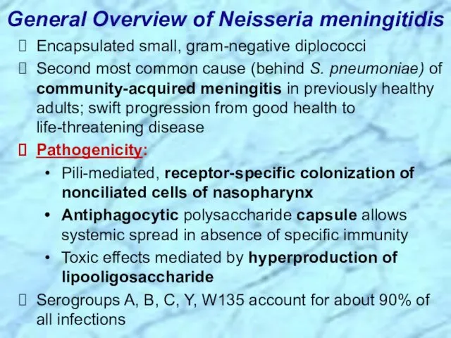 Encapsulated small, gram-negative diplococci Second most common cause (behind S.