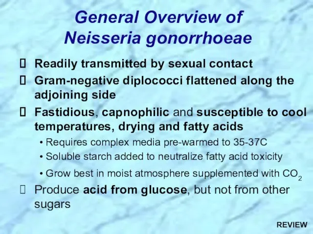 Readily transmitted by sexual contact Gram-negative diplococci flattened along the adjoining side Fastidious,