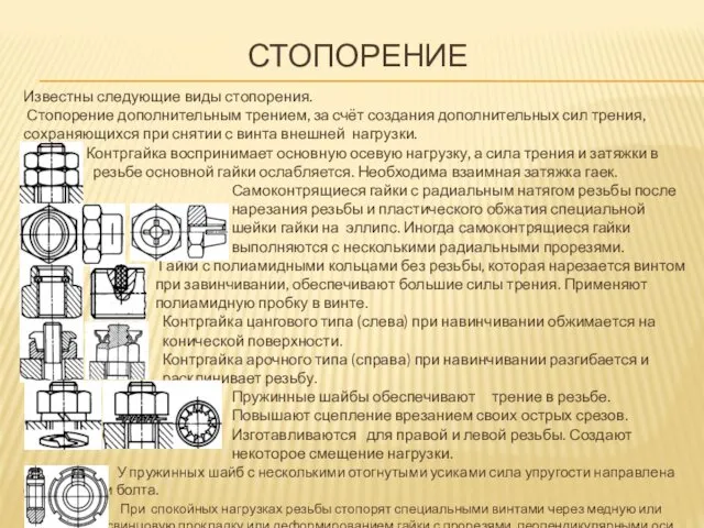 СТОПОРЕНИЕ Известны следующие виды стопорения. Стопорение дополнительным трением, за счёт