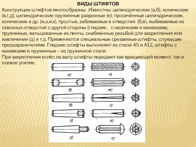 ВИДЫ ШТИФТОВ Конструкции штифтов многообразны. Известны: цилиндрические (а,б); конические (в,г,д);