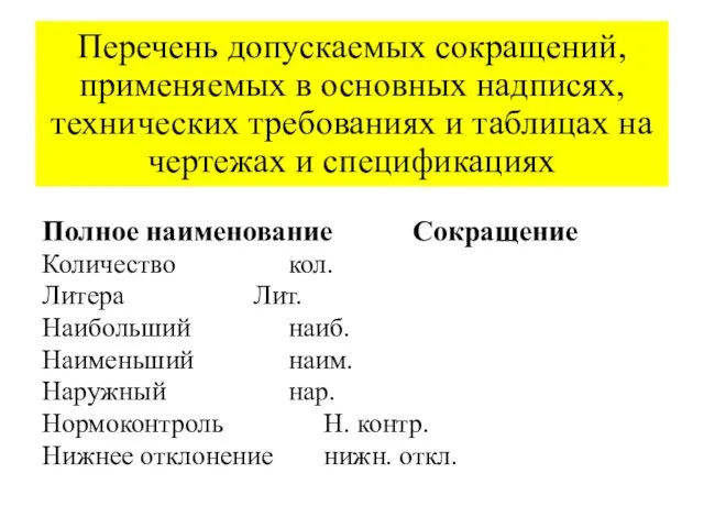 Перечень допускаемых сокращений, применяемых в основных надписях, технических требованиях и