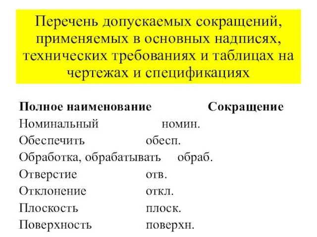 Перечень допускаемых сокращений, применяемых в основных надписях, технических требованиях и