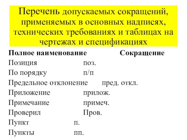 Перечень допускаемых сокращений, применяемых в основных надписях, технических требованиях и