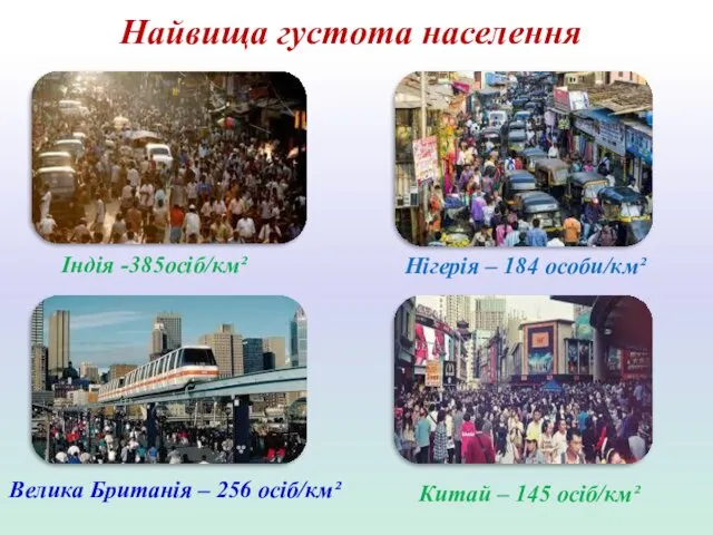 Найвища густота населення Індія -385осіб/км² Нігерія – 184 особи/км² Велика