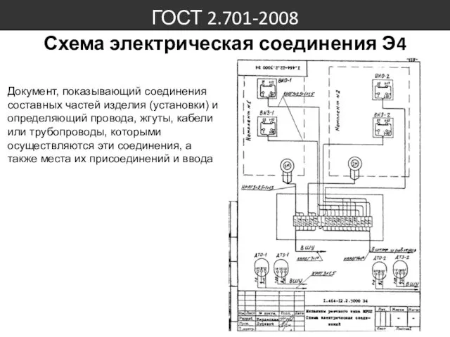 ГОСТ 2.701-2008 Схема электрическая соединения Э4 Документ, показывающий соединения составных частей изделия (установки)