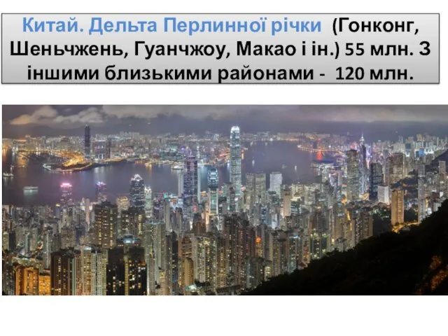Китай. Дельта Перлинної річки (Гонконг, Шеньчжень, Гуанчжоу, Макао і ін.) 55 млн. З