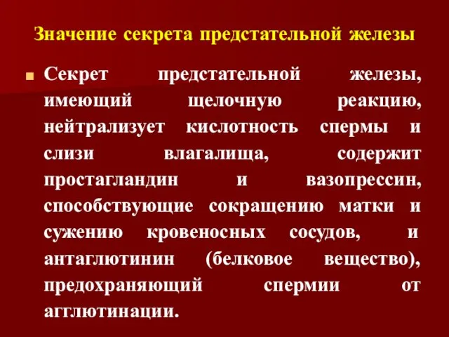 Значение секрета предстательной железы Секрет предстательной железы, имеющий щелочную реакцию,