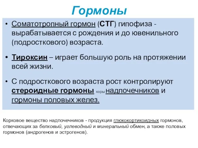 Гормоны Соматотропный гормон (СТГ) гипофиза - вырабатывается с рождения и