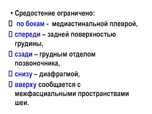 Средостение ограничено: по бокам - медиастинальной плеврой, спереди – задней