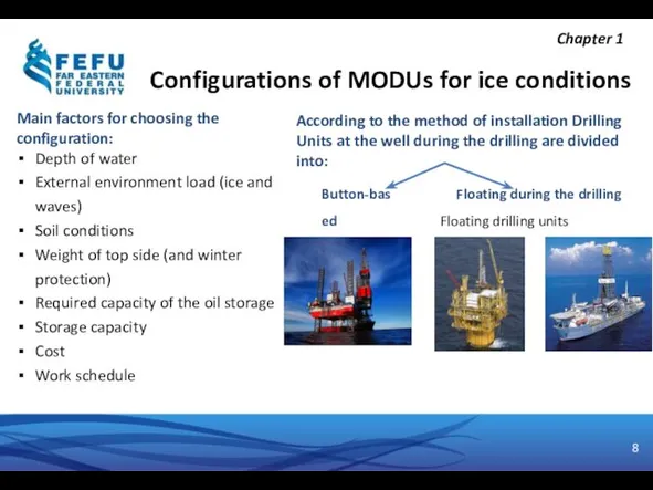 Configurations of MODUs for ice conditions Main factors for choosing the configuration: Depth