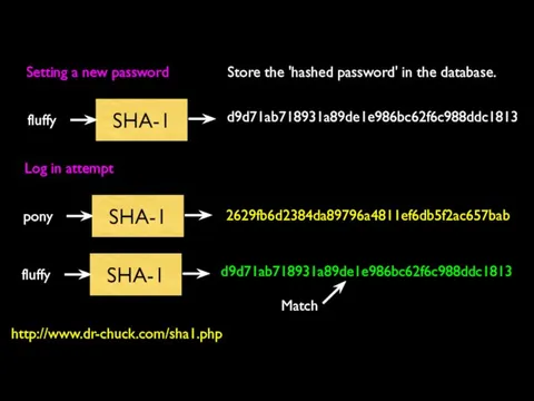 SHA-1 fluffy d9d71ab718931a89de1e986bc62f6c988ddc1813 Store the 'hashed password' in the database.