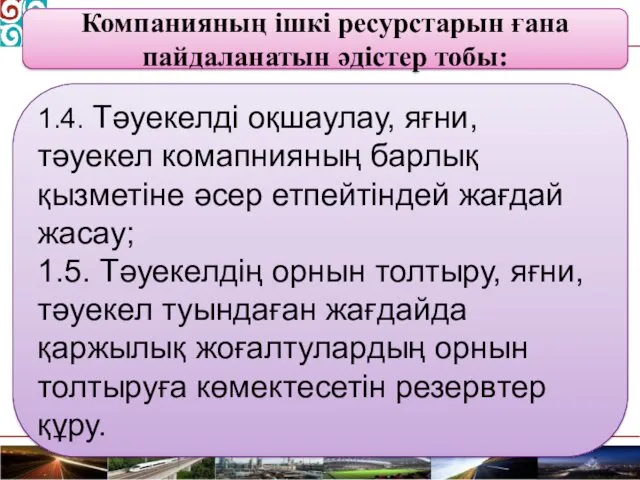 Компанияның ішкі ресурстарын ғана пайдаланатын әдістер тобы: 1.4. Тәуекелді оқшаулау,