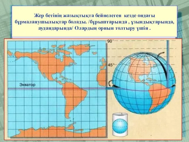 Жер бетінің жазықтықта бейнелеген кезде ондағы бұрмаланушылықтар болады. /бұрыштарында ,