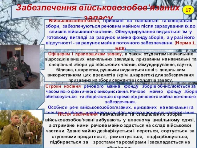 Забезпечення військовозобов'язаних запасу Військовозобов'язані, призвані на навчальні та спеціальні збори,