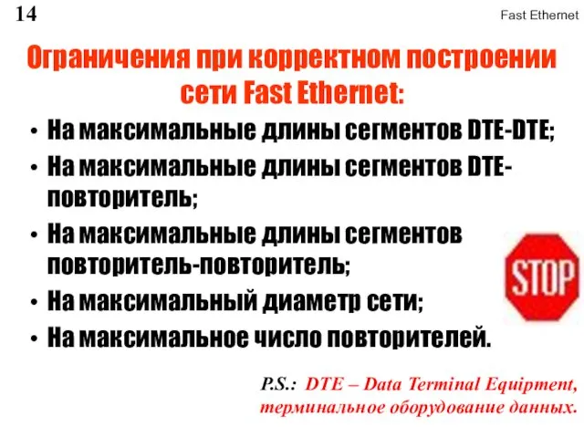 Ограничения при корректном построении сети Fast Ethernet: На максимальные длины