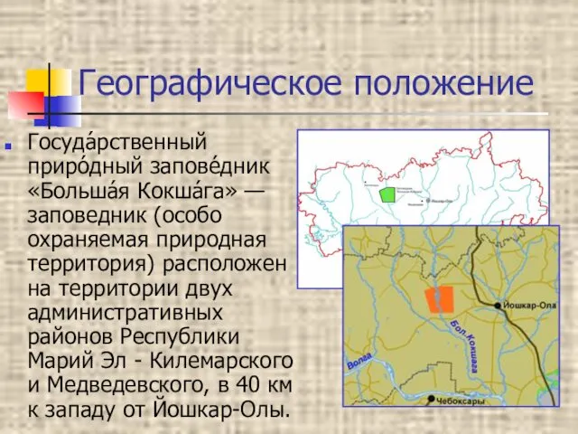 Географическое положение Госуда́рственный приро́дный запове́дник «Больша́я Кокша́га» — заповедник (особо