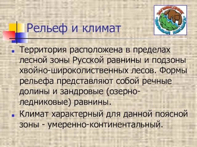 Рельеф и климат Территория расположена в пределах лесной зоны Русской