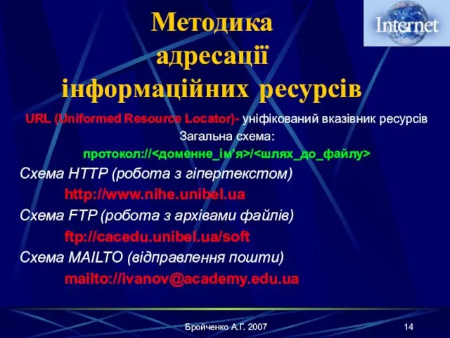 Бройченко А.Г. 2007 Методика адресації інформаційних ресурсів URL (Uniformed Resource